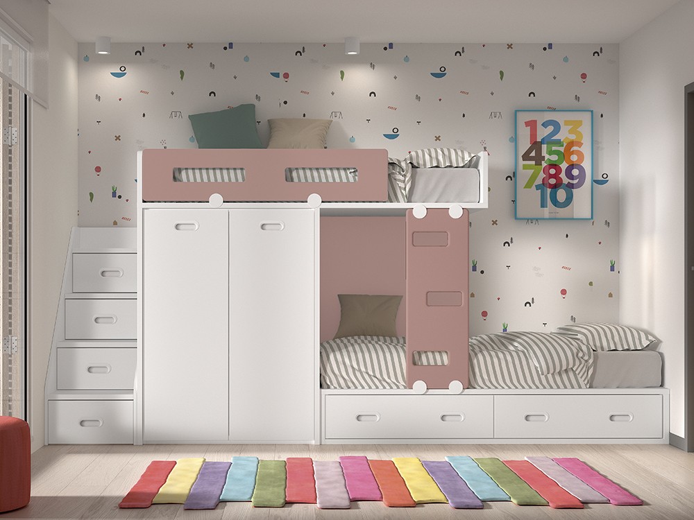 Cama tren con armario y escalera almacenaje F216