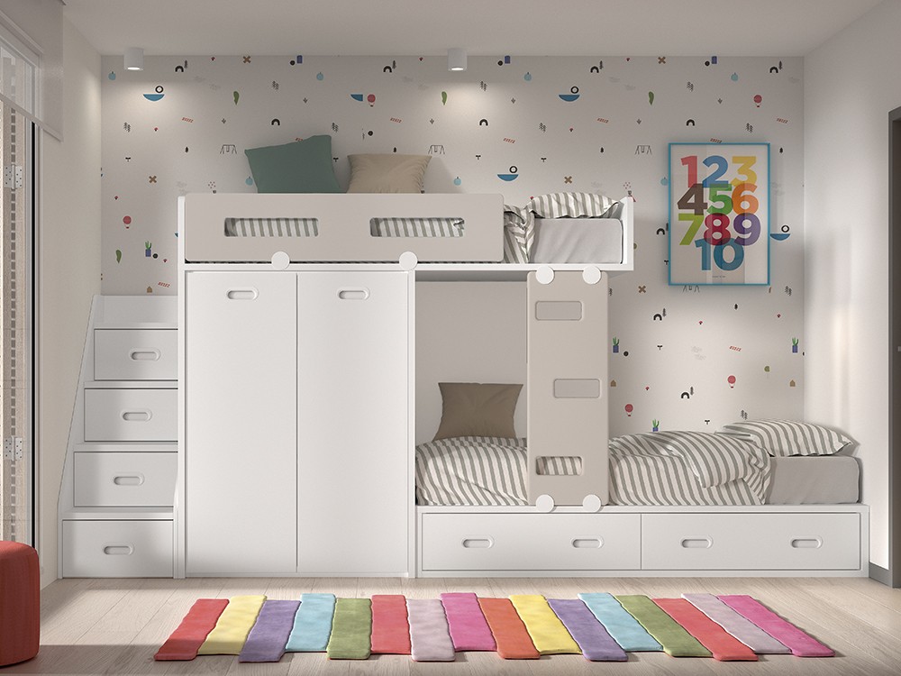 Cama tren con armario y escalera almacenaje F216