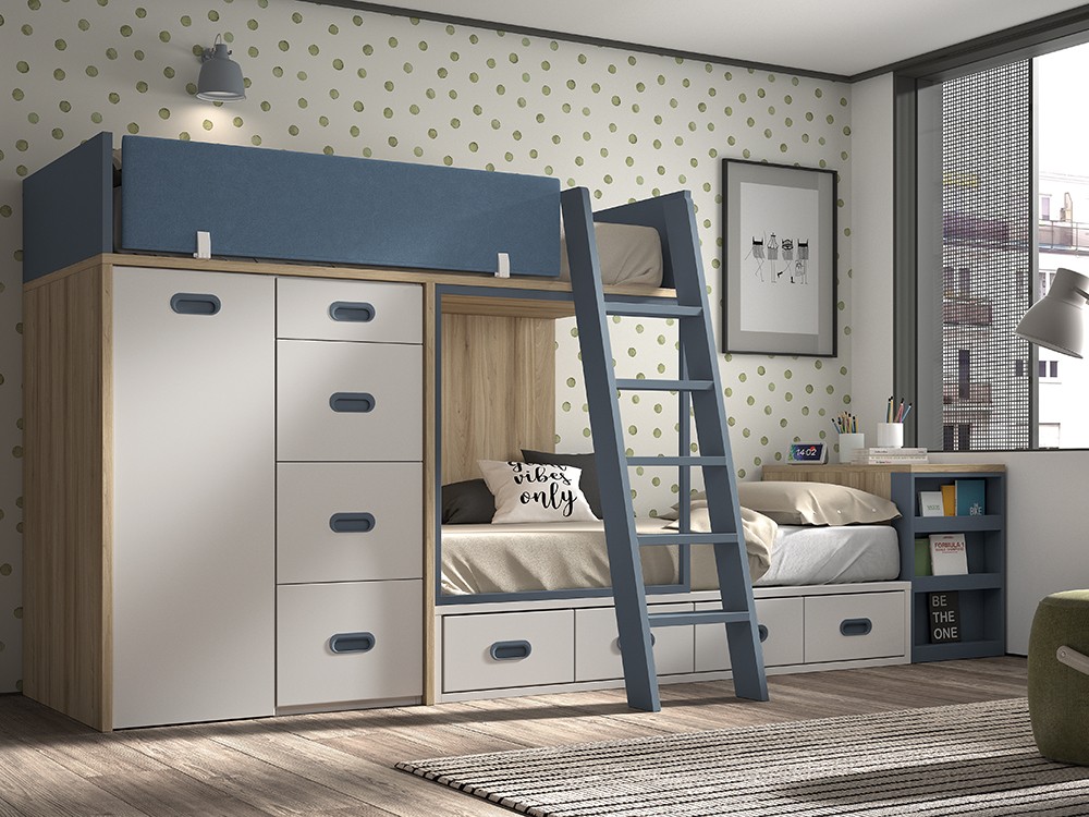 Cama tren con armario y escritorio extraibles F212