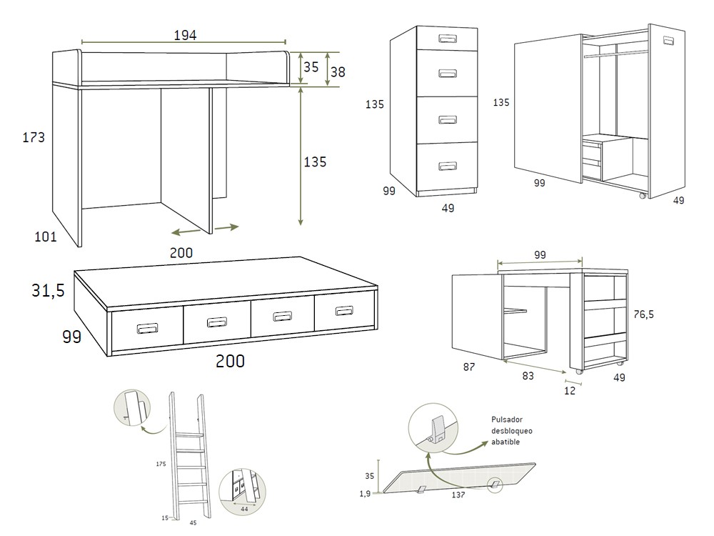 Cama tren con armario y escritorio extraibles F212