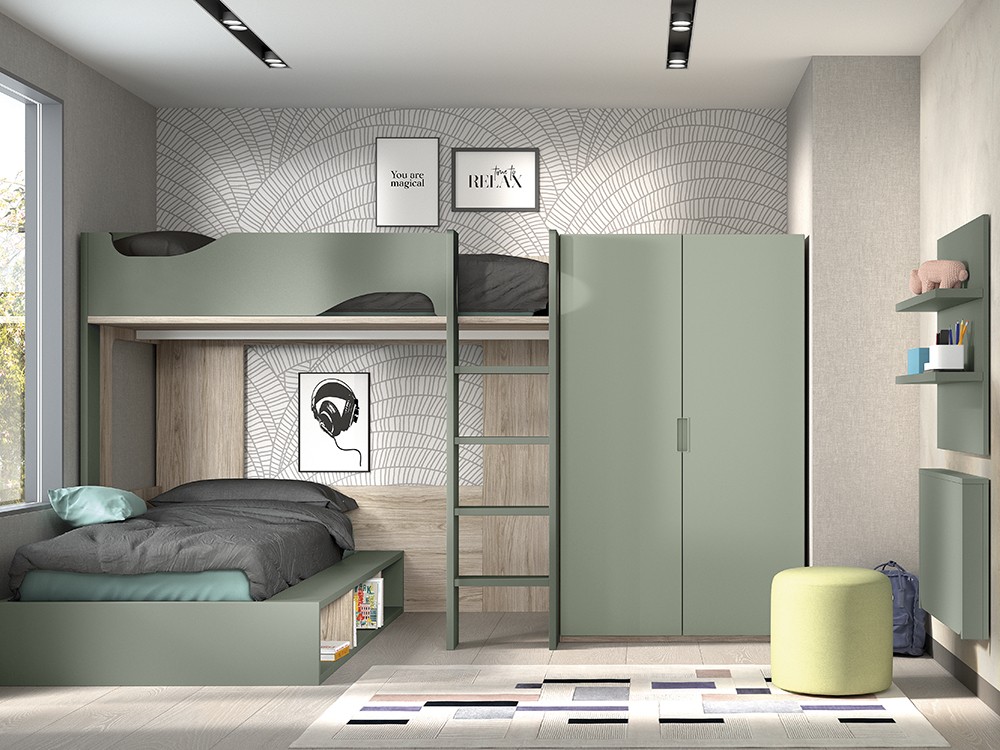 Cama alta y cama con arcón F208