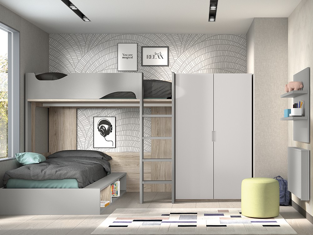 Cama alta y cama con arcón F208