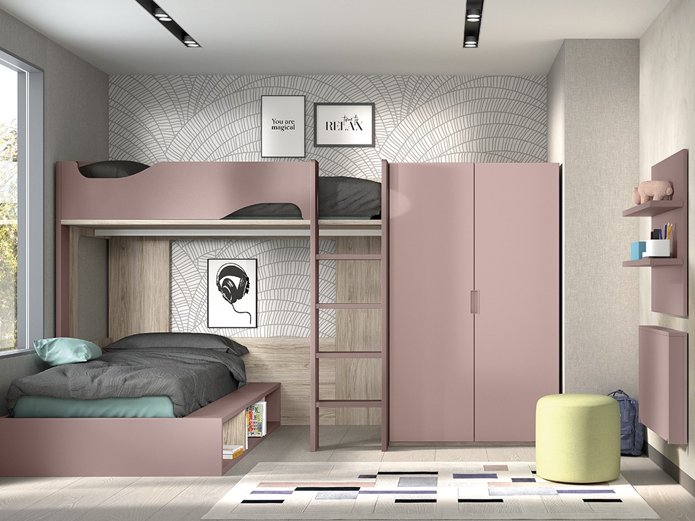Cama alta y cama con arcón F208