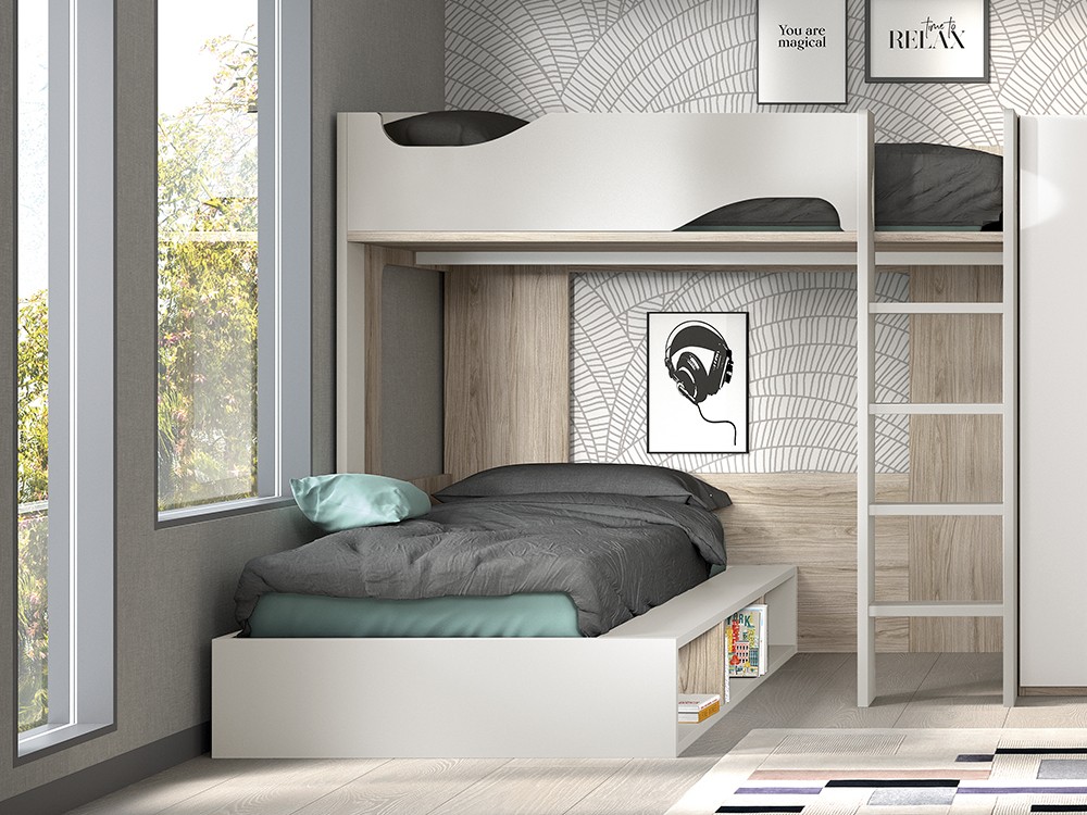Cama alta y cama con arcón F208