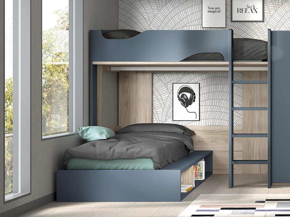 Cama alta y cama con arcón F208