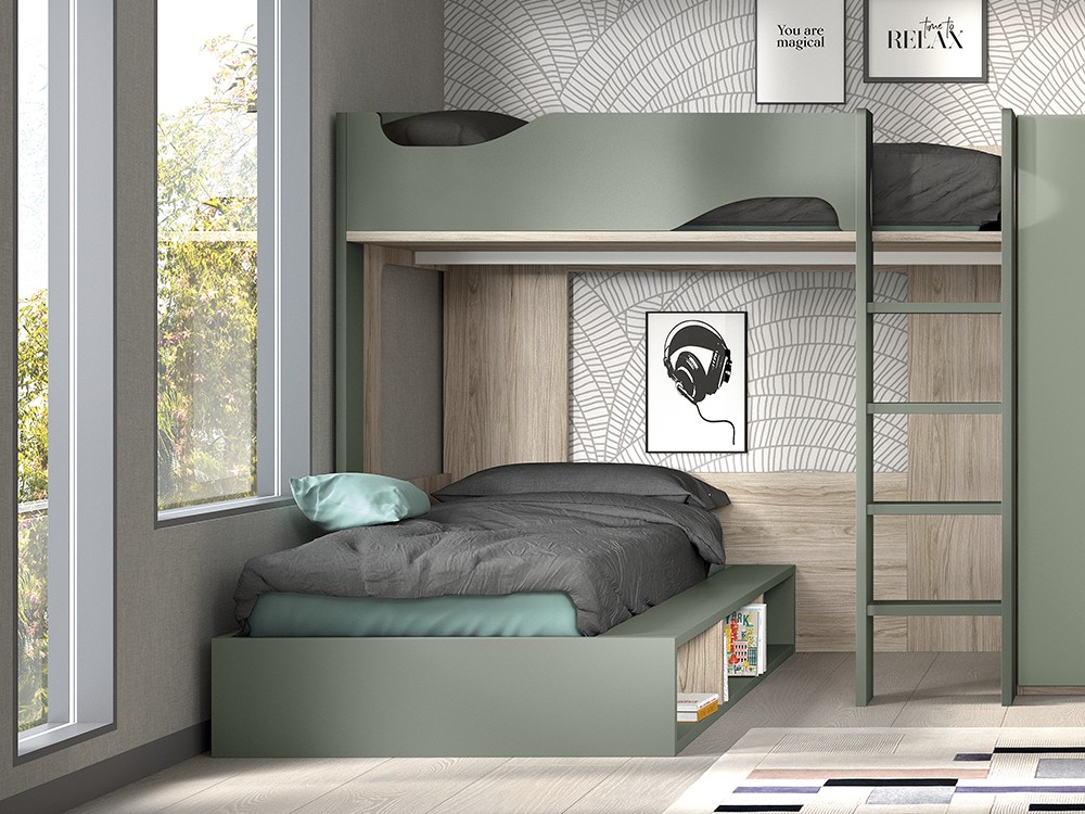 Cama alta y cama con arcón F208