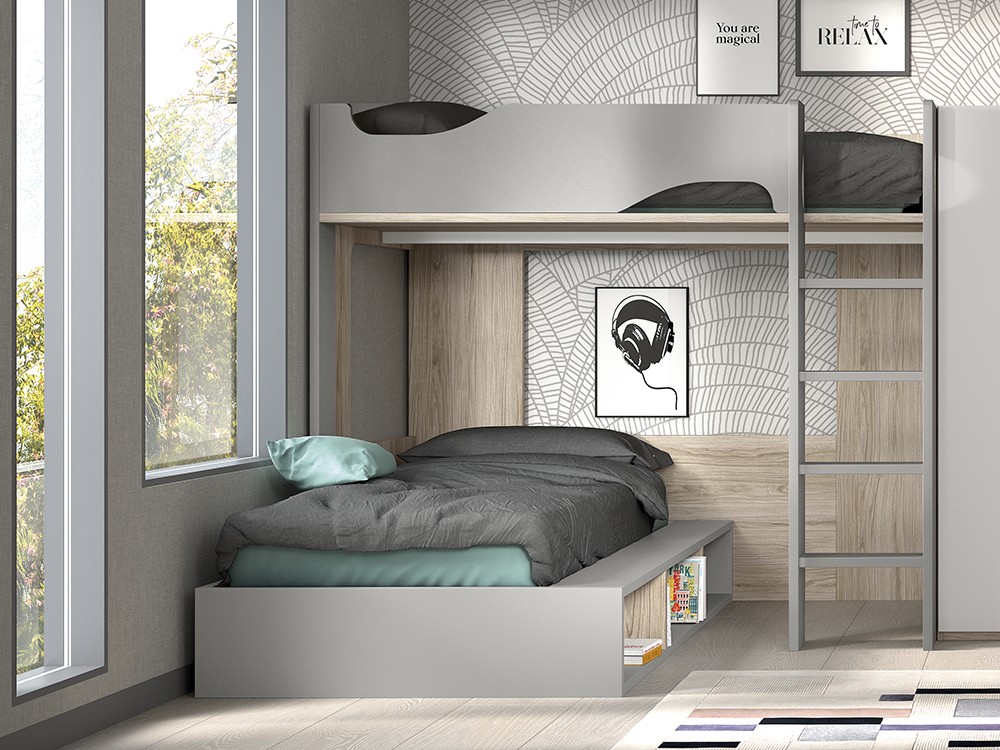 Cama alta y cama con arcón F208