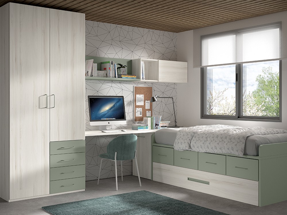 Cama compacta con arrastre y cajones F025