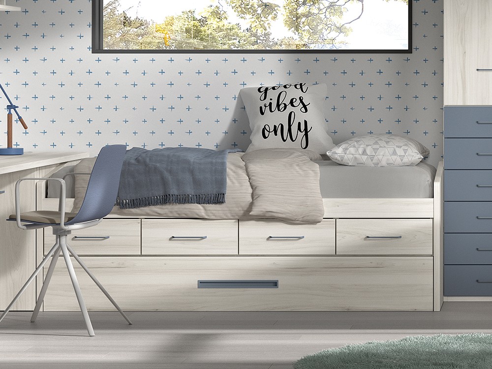 Cama compacta con arrastre y cajones F023