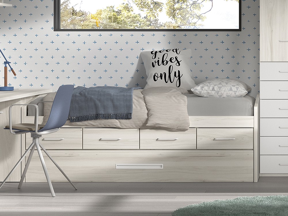 Cama compacta con arrastre y cajones F023