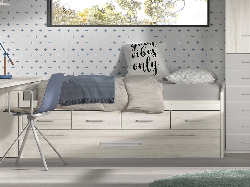 Cama compacta con arrastre y cajones F023
