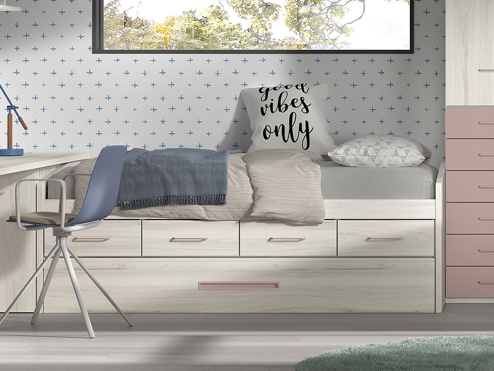 Cama compacta con arrastre y cajones F023