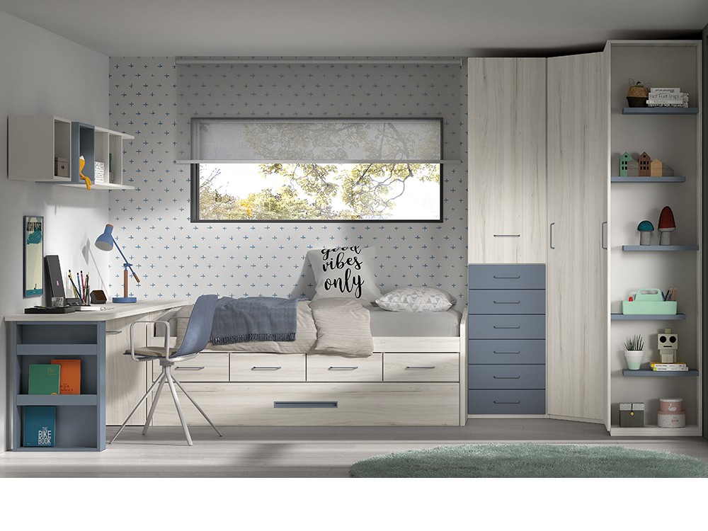 Cama compacta con arrastre y cajones F023