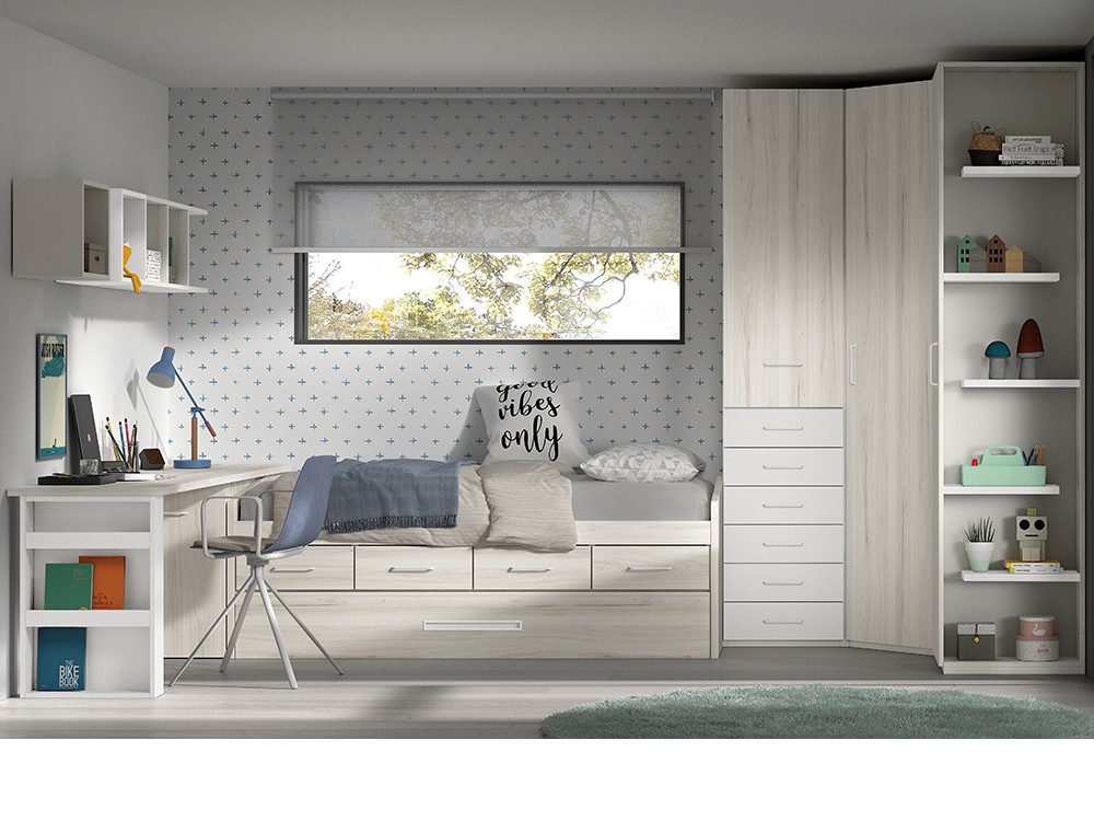 Cama compacta con arrastre y cajones F023