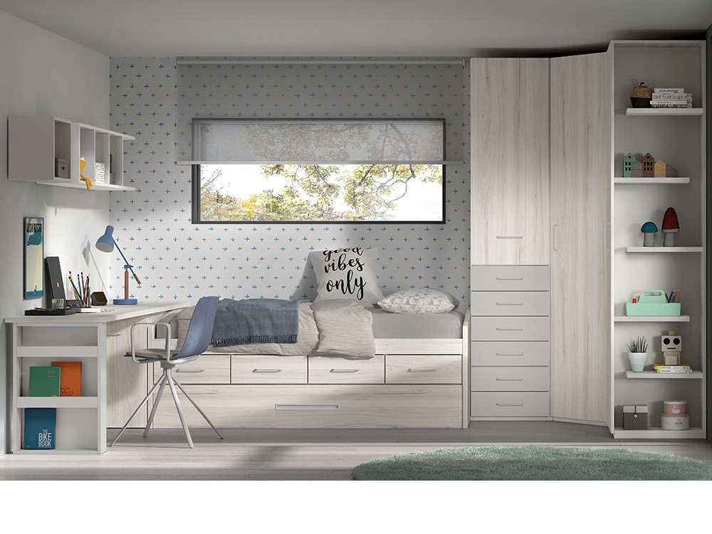 Cama compacta con arrastre y cajones F023