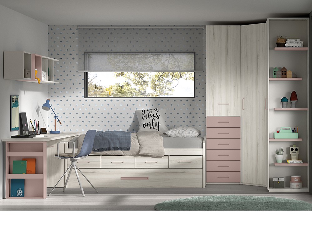 Cama compacta con arrastre y cajones F023