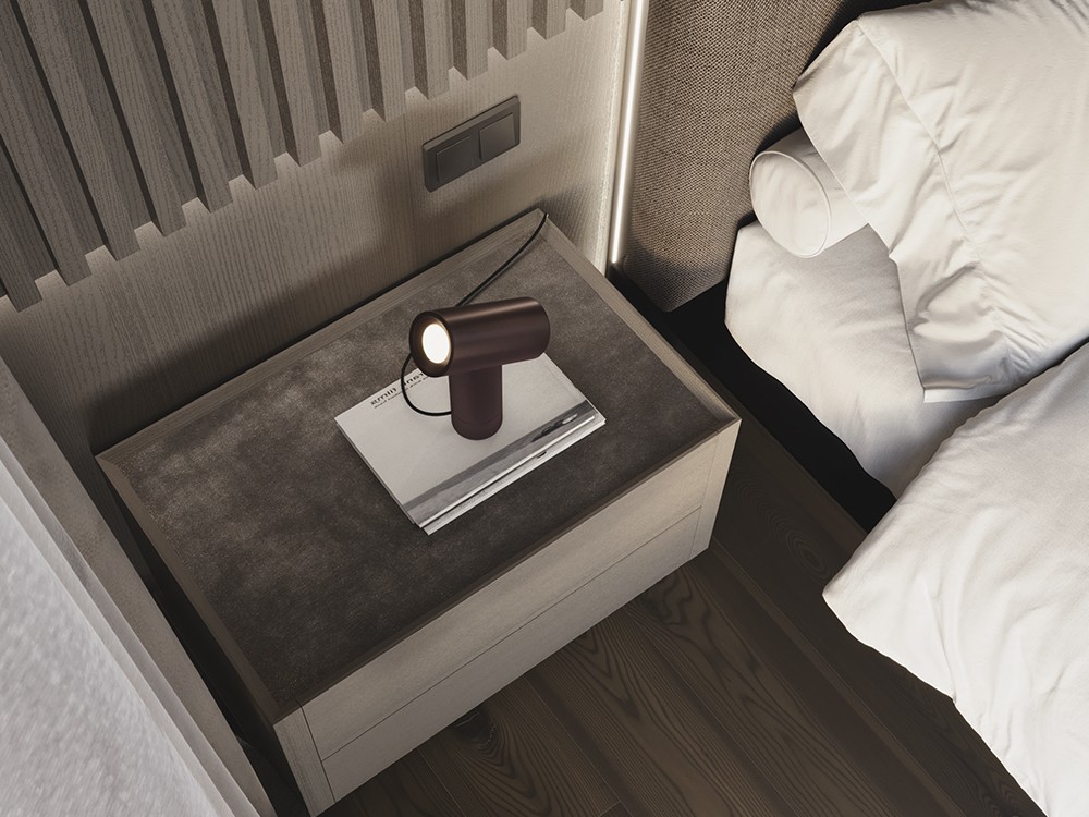 Detalle de la mesita de noche Mitra de acabado artesanal Night Collection de Besform