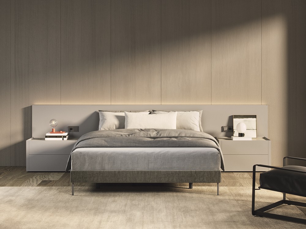 Cabecero con luz led, base tapizada y dos mesitas de noche Night Collection de Besform