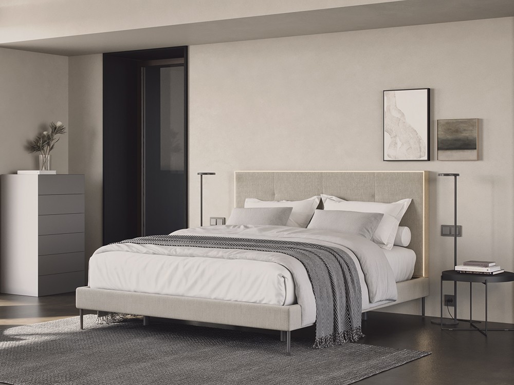 Dormitorio con cabecero tapizado Mitra con luz led Night Collection de Besform