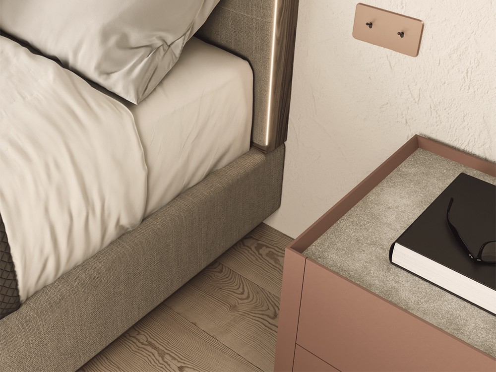 Detalle de la cama y la mesita de noche del dormitorio Night Collection 06 de Besform