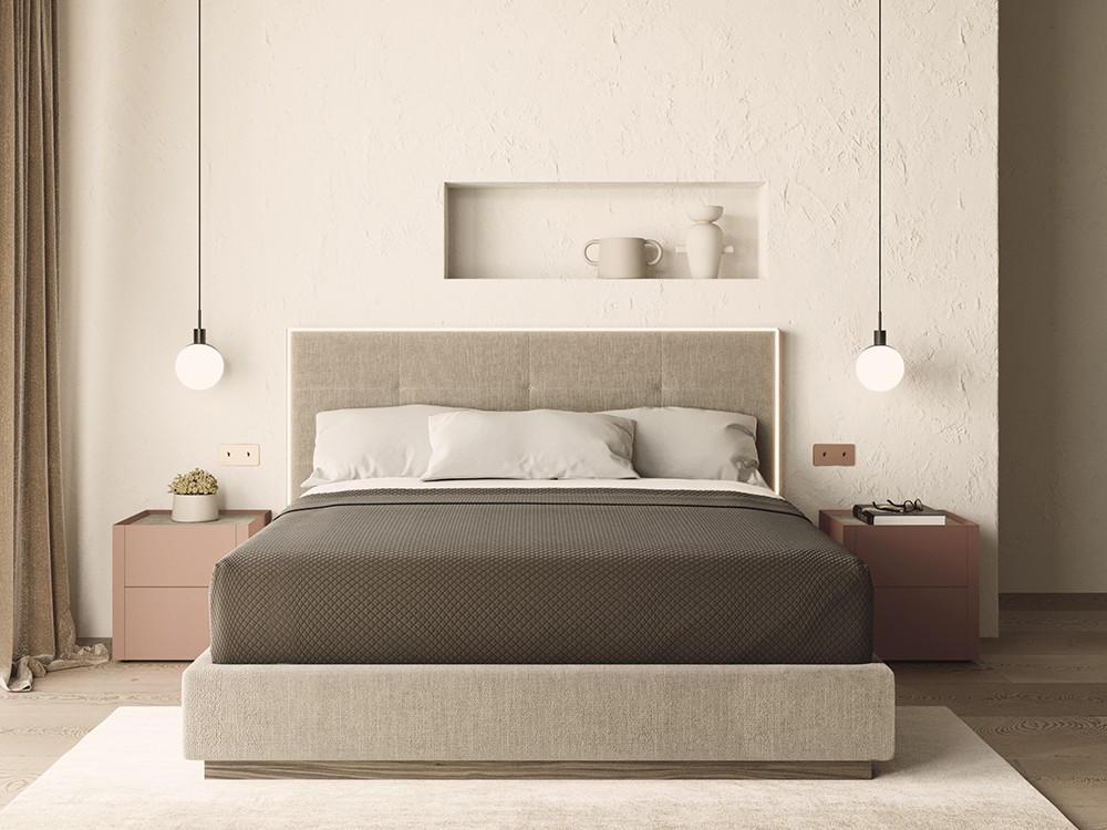 Dormitorio con cabecero tapizado Mitra con luz led Night Collection de Besform