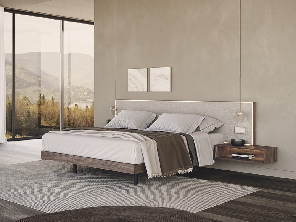 Dormitorio con cabecero corrido tapizado Mitra con luz led Night Collection de Besform