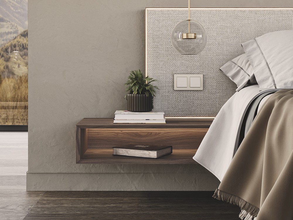 Detalle de la cama y la mesita de noche del dormitorio Night Collection 07 de Besform