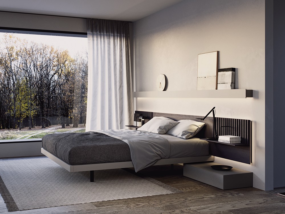 Dormitorio con cabecero corrido Art con mesitas incorporadas y estante Night Collection de Besform