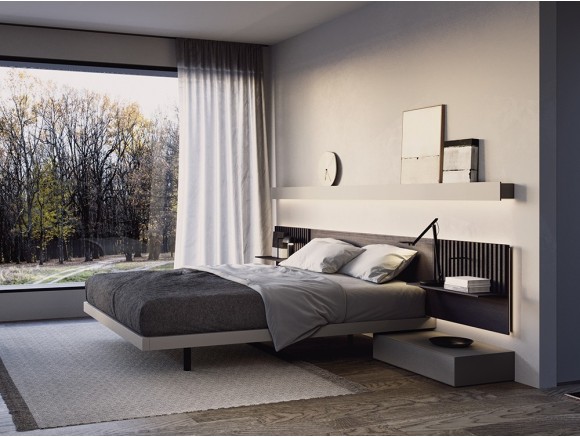 Dormitorio con cabecero corrido Art con mesitas incorporadas y estante Night Collection de Besform