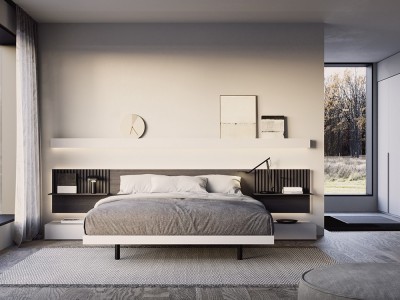 Dormitorio completo con cabecero corrido con luz led, aro y mesitas de noche Night Collection de Besform