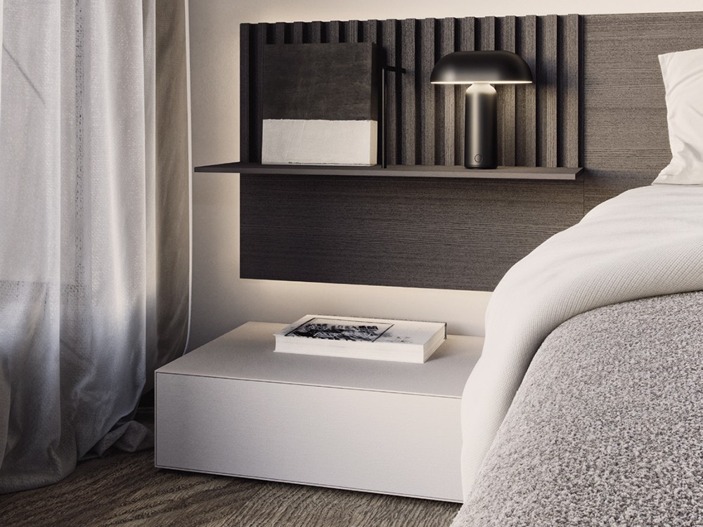 Detalle del cabecero Art y la mesita de noche Night Collection de Besform