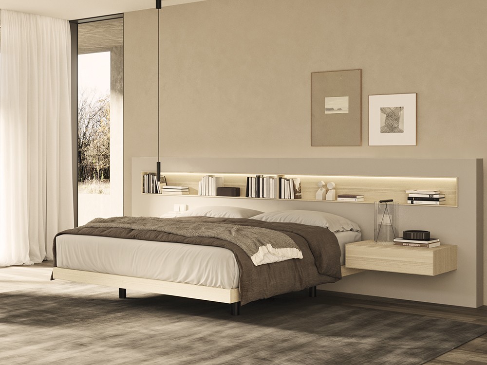 Dormitorio con cabecero corrido Box con estantes con luz led Night Collection de Besform