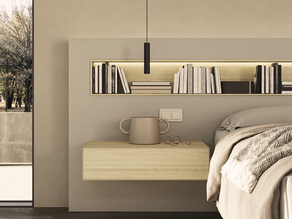 Detalle del cabecero Box y la mesita de noche Night Collection de Besform