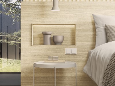 Detalle del cabecero Box y la mesita de noche Fil Night Collection de Besform