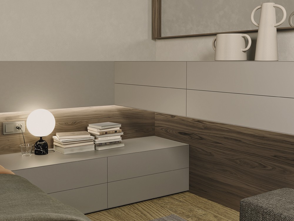 Detalle del cabecero Doble Fondo y la mesita de noche Night Collection de Besform