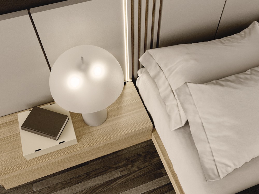 Detalle del cabecero Seven y la mesita de noche Night Collection de Besform