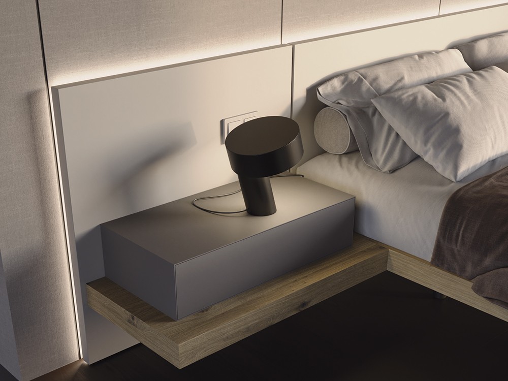 Detalle del cabecero Seven y la mesita de noche Night Collection de Besform