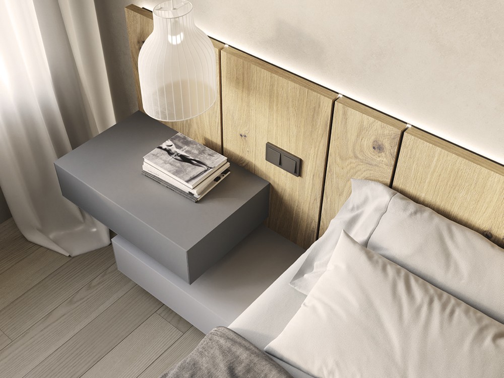 Detalle del cabecero Seven y la mesita de noche Night Collection de Besform