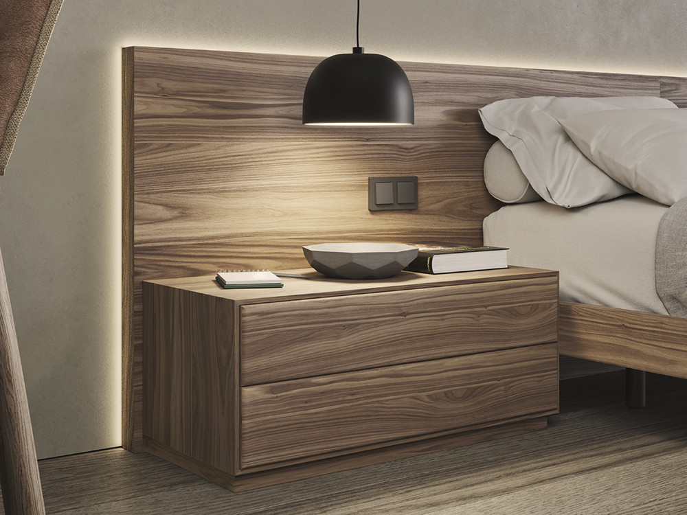 Detalle del cabecero Plano y la mesita de noche Night Collection de Besform