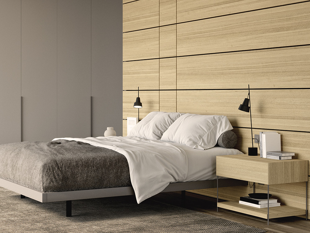 Dormitorio con cabecero corrido Panelado Wall con luz led Night Collection de Besform