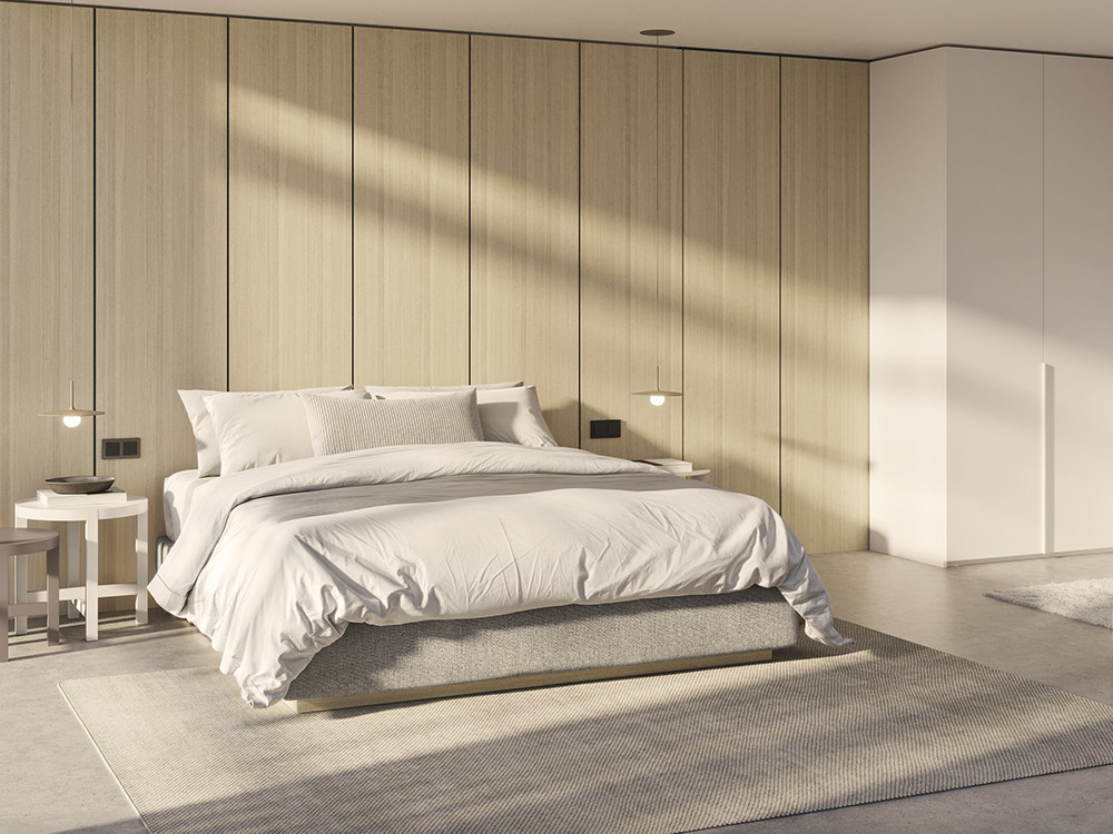 Dormitorio con cabecero corrido Panelado V. Wall con luz led Night Collection de Besform