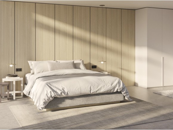 Dormitorio con cabecero corrido Panelado V. Wall con luz led Night Collection de Besform