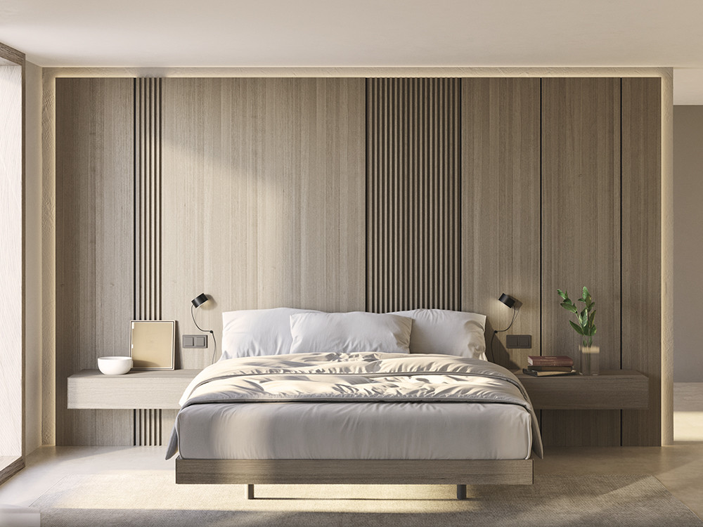 Dormitorio con cabecero corrido Panelado Seven con luz led Night Collection de Besform
