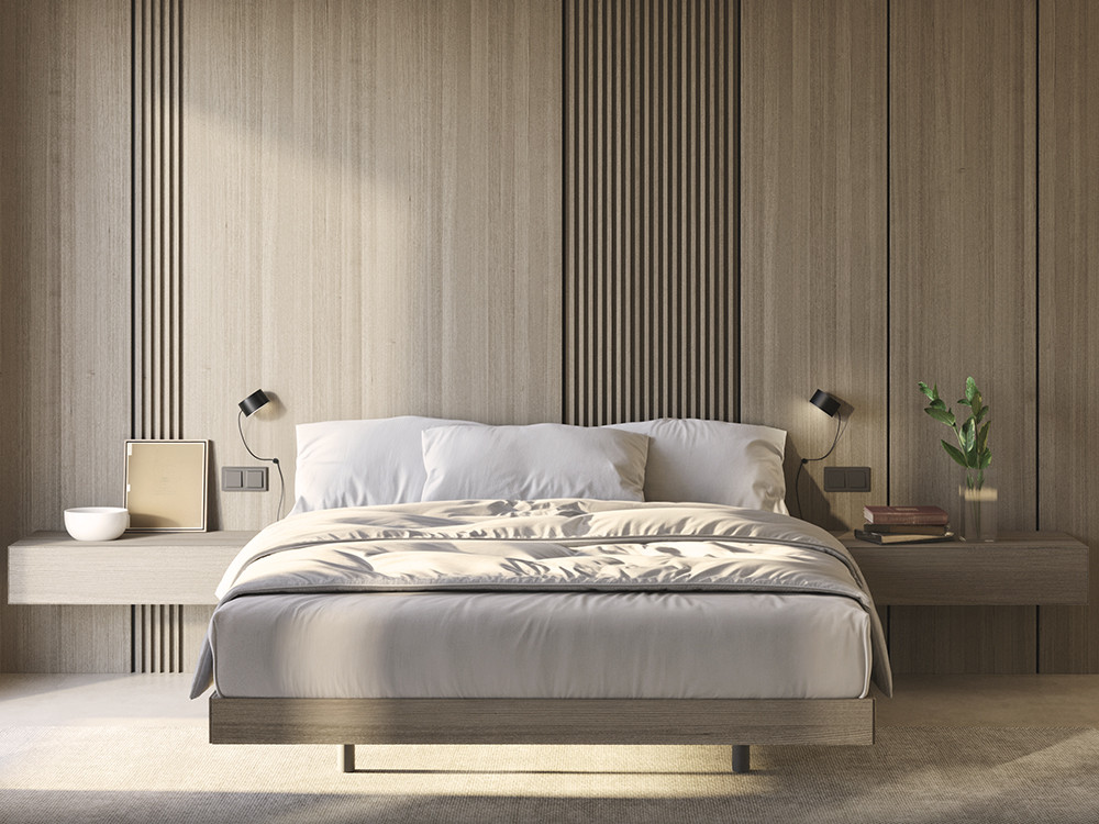 Detalle del cabecero Panelado Seven y la mesita de noche Night Collection de Besform