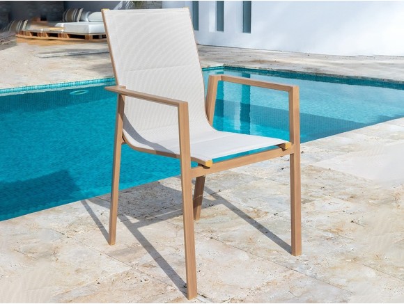 Silla de aluminio en acabado imitación madera con asiento en textilene acolchado Male de Majestic Garden
