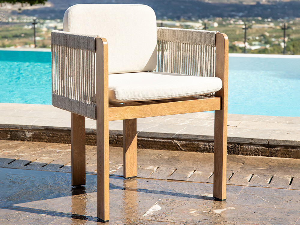 Silla Pinamar de aluminio imitación madera con respaldo de cuerda trenzada Beige de Majestic Garden