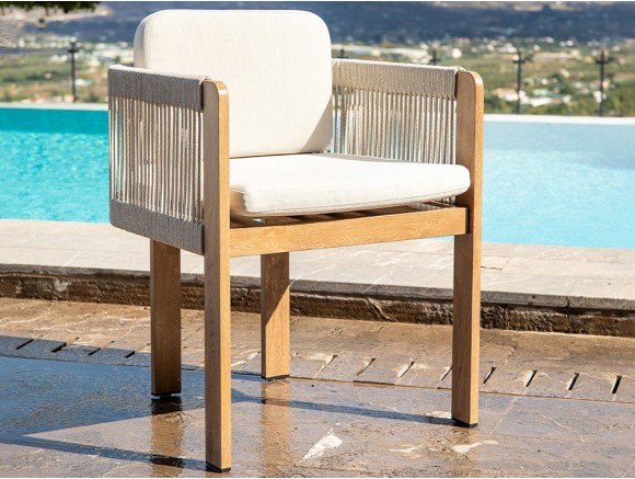 Silla Pinamar de aluminio imitación madera con respaldo de cuerda trenzada Beige de Majestic Garden