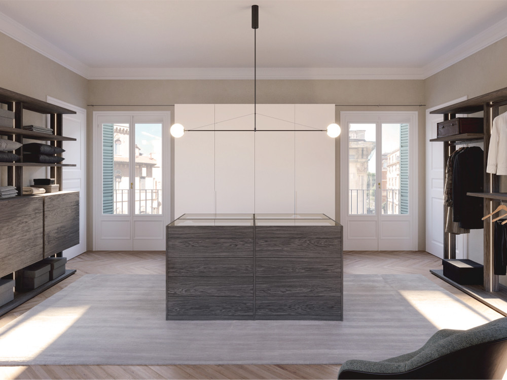 Vestidor Vista con isla central en acabado chapa natural Besform Night collection