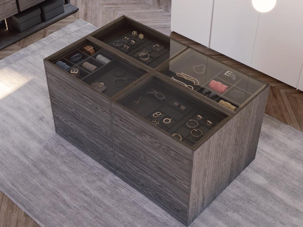 Detalle de la isla central con sobre de cristal  Vista de Besform Night collection