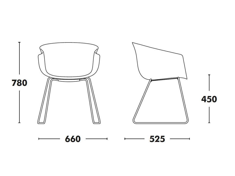 Medidas silla Bai trineo de Ondarreta en polipropileno con acabados textiles personalizados.